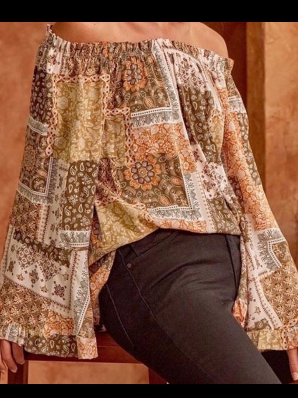 Savanna Jane Boho Patchwork Paisley Off Shoulder Blouse Brown Rust Ivory Sz L